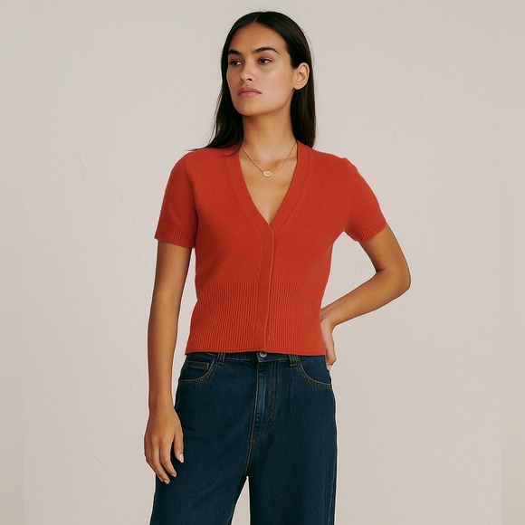 Adrienne Vittadini Orange Cashmere Cardigan XS Short Sleeve Fall Classic Chic - Picture 1 of 10